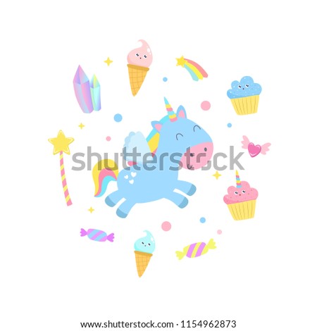 Cute unicorn and magical items vector illustration.