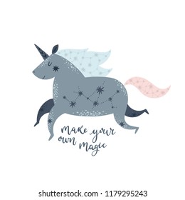 Cute Unicorn with magical lettering phrases Vector art isolated on white background Pastel colors