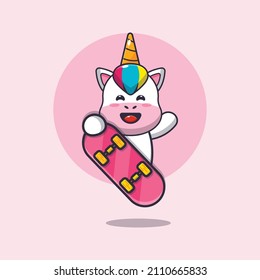 cute unicorn mascot cartoon character with skateboard