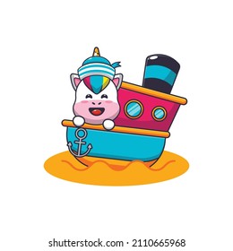 cute unicorn mascot cartoon character on the ship