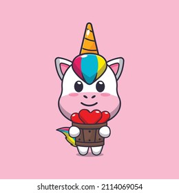 cute unicorn mascot cartoon character illustration in valentine day