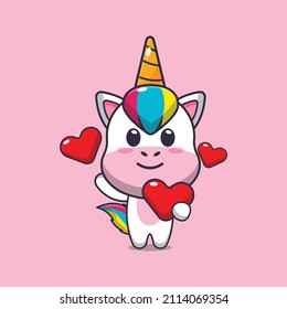 cute unicorn mascot cartoon character illustration in valentine day