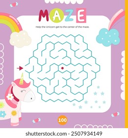 Cute Unicorn Maze game for children. Help Pony get to the center of maze. Vector illustration. Labyrinth for kids activity book. Book square format.