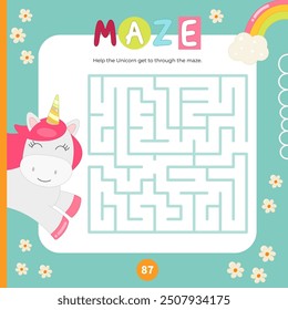 Cute Unicorn Maze game for children. Help Pony get to through maze. Vector illustration. Labyrinth for kids activity book. Book square format.