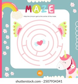 Cute Unicorn Maze game for children. Help Pony get to the center of the maze. Vector illustration. Labyrinth for kids activity book. Book square format.