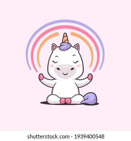 Cute unicornio meditando en la pose de yoga del loto con el colorido vector arco iris kawaii ilustración de caricatura