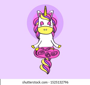 Cute unicorn is meditating on a purple background. Vector illustration.