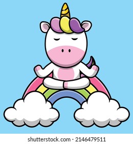 Cute Unicorn Meditating On Rainbow Cartoon Vector Icon Illustration. Animal Sport Icon Concept Isolated Premium Vector.