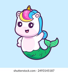 Cute Unicorn Mermaid Cartoon Vector Icon Illustration. Animal Holiday Icon Concept Isolated Premium Vector. Flat Cartoon Style