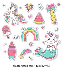 Cute unicorn mermaid cat cart vector set illustration for kids fashion kawaii artworks, children books, prints, greeting cards, t shirts, wallpapers, scrapbook element, badges, stickers, patches