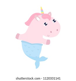 Cute unicorn mermaid flat vector illustration
