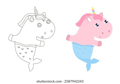 Cute unicorn mermaid flat vector illustration. Coloring page