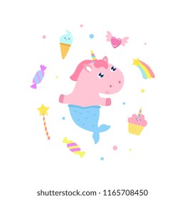 Cute unicorn mermaid and magical items vector illustration.