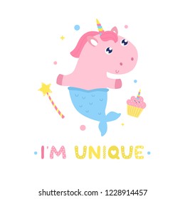 Cute unicorn mermaid and magical items vector illustration. I'm unique card, print