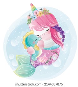 Cute Unicorn Mermaid with a Seahorse 2