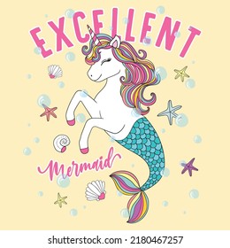 Cute unicorn mermaid simple vector cartoon illustration. Cute graphics for kids. Love, parenting, children decor, t-shirt print, fabric pattern, greeting card design element.Animal print.