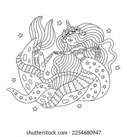 Cute unicorn mermaid and skeleton horse. Mysterious sea princess girl with crown from shell and skull. Crescent moon, underwater night. Coloring page for kids and adults. Cartoon vector illustration