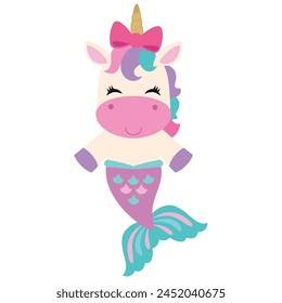 Cute unicorn mermaid vector cartoon illustration