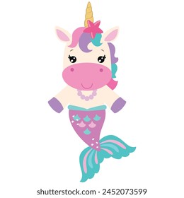 Cute unicorn mermaid vector cartoon illustration