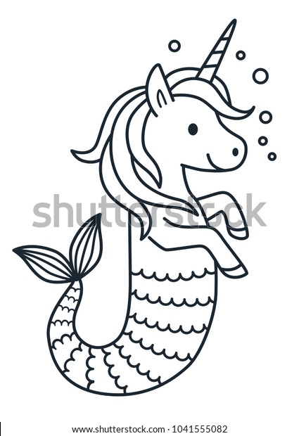 Cute unicorn mermaid vector coloring page cartoon\
illustration. Magical creature with unicorn head and body and fish\
tail. Dreaming, magic, believe in yourself, fairy tale mythical\
theme element