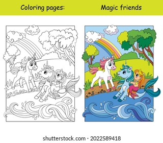 Cute unicorn met a mermaid on a seahorse. Coloring book page for children with colorful template. Vector cartoon isolated illustration. For coloring book, education, print, game, decor, puzzle