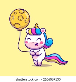 Cute Unicorn with Moon Balloon Cartoon Vector Icon Illustration. Animal Holiday Icon Concept Isolated Premium Vector. Flat Cartoon Style