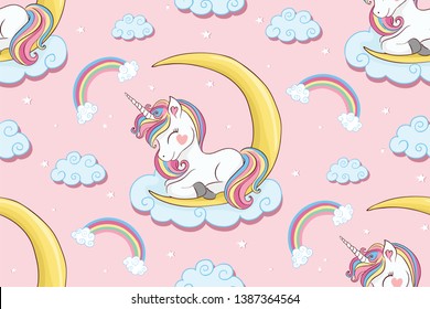 Cute unicorn with moon and clouds pattern  design