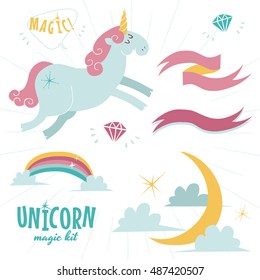 Cute Unicorn, moon, clouds and ribbons. Vector illustration set.