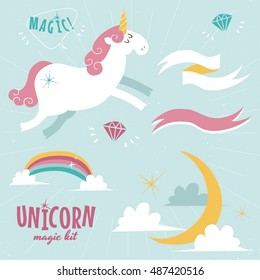 Cute Unicorn, moon, clouds and ribbons. Vector illustration set.