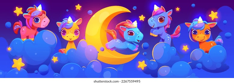 Cute unicorn mit Mond, Stern und Wolke Nacht Himmel Vektorszene. Baby Traumwallpaper mit crescent und fliegender pony Kids Illustration. Blaue Zauberwelt für Kindergarten oder Webbanner.