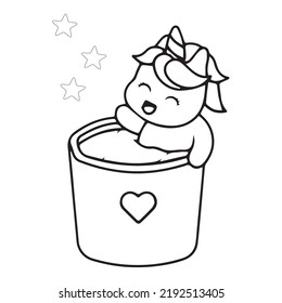 Cute Unicorn in mug cartoon in black and white Coloring Page