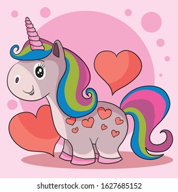 cute unicorn with a multi-colored mane and on a background of red hearts and a pink background, a nice gift for the holiday Valentines