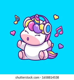 Cute Unicorn And Music Vector Icon Illustration. Unicorn Mascot Cartoon Character. Animal Icon Concept White Isolated. Flat Cartoon Style Suitable for Web Landing Page, Banner, Flyer, Sticker, Card