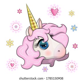 Cute unicorn muzzle with beautiful eyes and a developing mane on the background of flowers, children's, print, textile