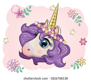 Cute unicorn muzzle with beautiful eyes and a developing mane on the background of flowers, children's, print, textile