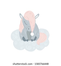 Cute unicorn napping in hat on sky cloud. Hand drawn miracle horse sleeping for childish design. Fairy tale creature for kid cotton clothing, apparel design in pastel color.