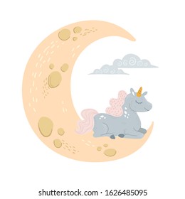 Cute unicorn napping at moon with closed eyes. Hand drawn miracle horse sleeping. Fairy tale creature dreaming. Baby unicorn for kid cotton clothing, apparel design in pastel color.