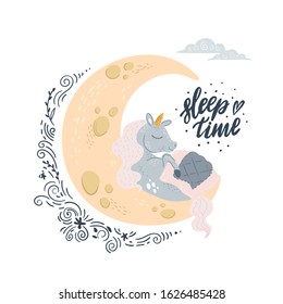 Cute unicorn napping at moon under blanket with closed eyes. Hand drawn miracle horse sleeping. Fairy tale creature dreaming. Baby unicorn with sleep time inscription for kid cotton apparel design