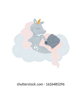 Cute unicorn napping under blanket on sky cloud. Hand drawn miracle horse sleeping for childish design. Fairy tale creature for kid cotton clothing, apparel design in pastel color.