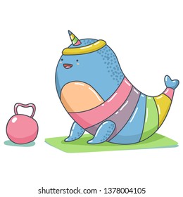 Cute unicorn narwhal with weight doing fitness and yoga exerssise vector cartoon animal character isolated on a white background.