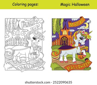 Cute unicorn near spooky old castle and lettering Magic Halloween. Halloween concept. Kids coloring with color sample. Vector illustration. For coloring book, education, print, game, puzzle, design