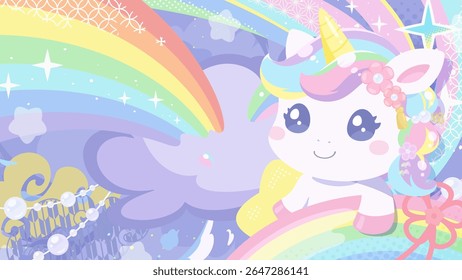 Cute unicorn New Year's card background illustration for the Year of the Horse_16:9