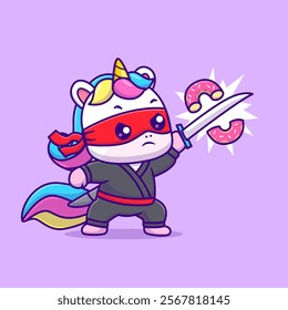 Cute Unicorn Ninja Slash Donut With Katana Sword Cartoon 
Vector Icon Illustration. Animal Holiday Icon Concept Isolated 
Premium Vector. Flat Cartoon Style