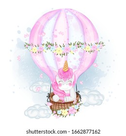 Cute Unicorn on an air balloon illustration