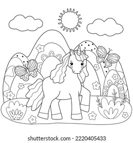 Cute unicorn on the background of abstract mountains. Kids coloring page with simple shapes and lines. 