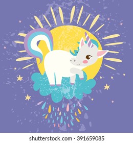 cute unicorn on the background of the sun.  vector illustration. beautiful clouds with rain