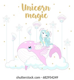 Cute unicorn on a beautiful background. Vector illustration.