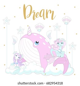 Cute unicorn on a beautiful background. Vector illustration.
