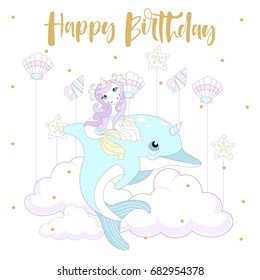 Cute unicorn on a beautiful background. Vector illustration.