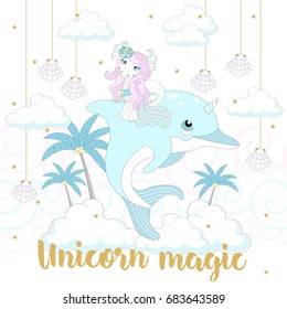 Cute unicorn on a beautiful background with an inscription. Vector illustration.
